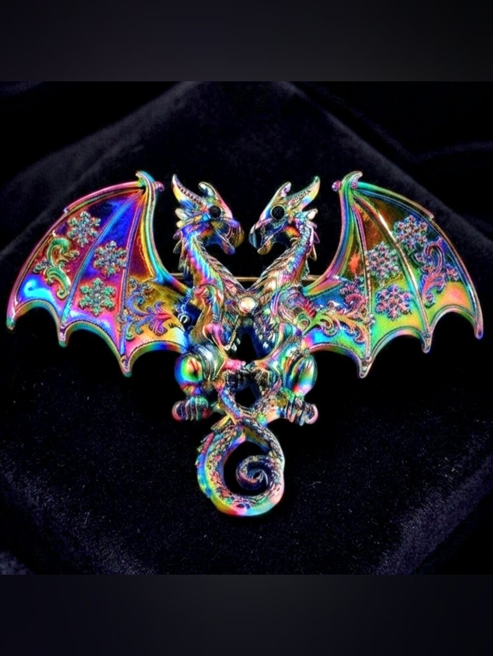 Iridescent Double-Headed Dragon Rainbow Anodized Gothic Fantasy Lapel Pin Badge